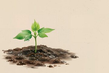 Green seedling growing in soil with water droplets on leaves organic cotton farming