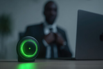 Webcam lens with glowing green light on laptop screen, modern office setting, business professional in background, technology focus, low light, digital communication