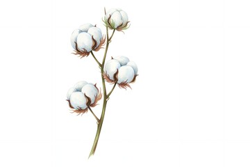 Cotton plant branch with fluffy white bolls on white background organic cotton farming