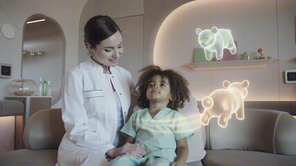 Soft futuristic pediatric clinic scene with friendly holographic animals floating to comfort the child, doctor smiling beside them, warm pastel lighting creating a calm family-care mood. - Powered by Adobe