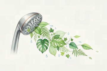 Shower head spraying water with green leaves and plants illustration saving water in home