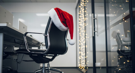 Modern office chair with Santa hat and fairy lights showing stylish Christmas workplace interior decoration