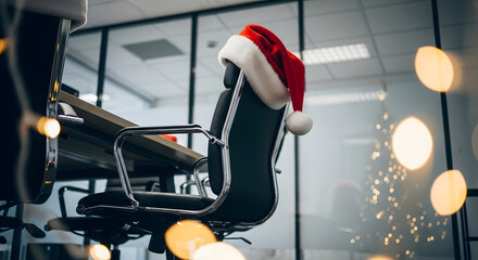 Office chair with Santa hat symbolizing Christmas vacation and out of office corporate holiday break