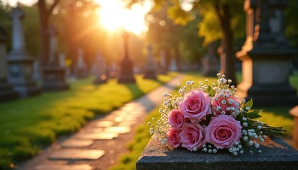 Pink rose bouquet rests on old stone structure in quiet cemetery. Golden sun rays softly illuminate gravestones, rich green grass, peaceful walkway. Calm outdoor scene represents heartfelt tribute,