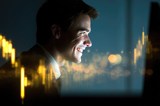 Side profile of businessman smiling with satisfaction, illuminated by glowing financial chart graphics, representing success, optimism, and achievement in modern office environment