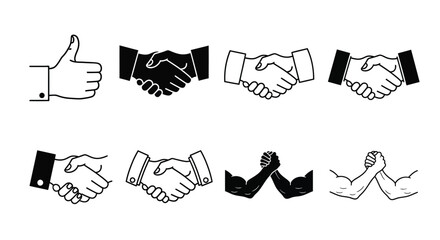A collection of black and white hand gestures signifying agreement and partnership