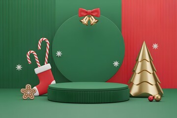 Festive christmas display with ornaments and a green podium for product presentation