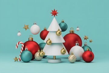 Festive christmas tree and ornaments creating a holiday scene on a blue background