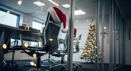 Santa hat on executive chair at head of conference table in modern boardroom, leadership concept in corporate office decorated with christmas tree for year end decisions