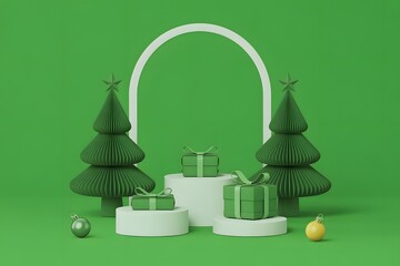 Festive christmas scene with green trees and gifts on pedestals against green