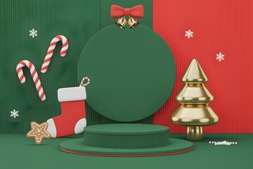 Festive christmas display with ornaments and decorations in red and green hues