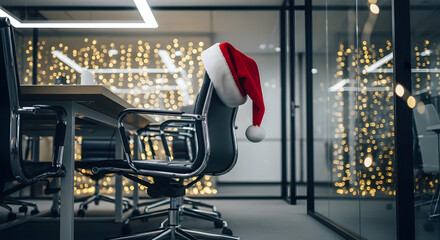 Santa hat on swivel office chair in stylish glass coworking space with christmas tree lights, modern creative startup workplace decorated for winter holidays