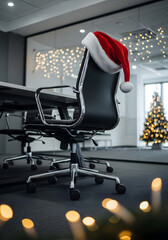 Santa hat hanging on conference room office chair in glass meeting room with christmas tree lights, empty boardroom ready for corporate holiday party or year end team meeting