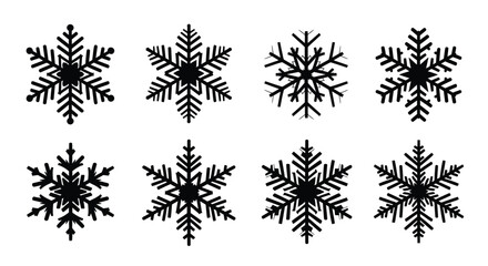 A collection of detailed black and white snowflake illustrations on a white background