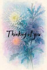 Thinking of you - card. flower frame of asters. Watercolor.