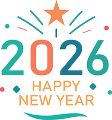 Festive happy new year 2026 greeting design with colorful numbers, a prominent star, and celebratory elements