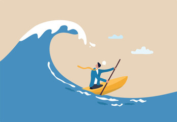 Escape from business crisis, recession or risk, adversity or challenge to survive danger, uncertainty or vulnerability, run away from trapped, hopeless concept, businessman escape from danger wave