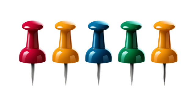 Colorful push pin set. Pushpin for notice paper or corkboard. Notice board pins. 3d illustration icon isolated on transparent background, png pin for Paper  - Powered by Adobe