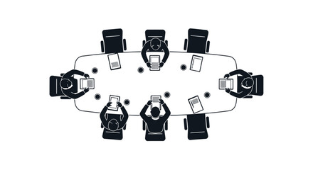 A top down view of people seated around an oval table with laptops © Taylor