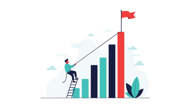 Ambitious businessman climbing a bar graph with a rope to raise the final bar and reach the goal flag representing career growth.
