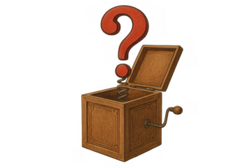 Wooden jack-in-the-box toy opening, a red question mark springing out, symbolizing mystery, doubt, and surprise on transparent background