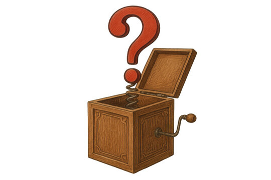Wooden jack-in-the-box toy opening, a red question mark springing out, symbolizing mystery, doubt, and surprise on transparent background