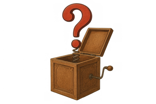 Wooden jack-in-the-box toy opening, a red question mark springing out, symbolizing mystery, doubt, and surprise on transparent background