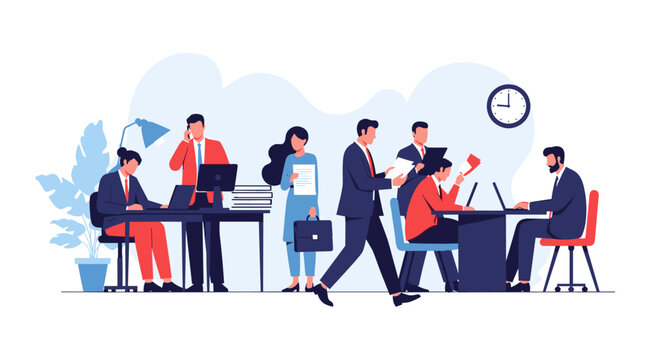 Vector illustration of a bustling corporate office environment with employees multitasking and working together on various projects.