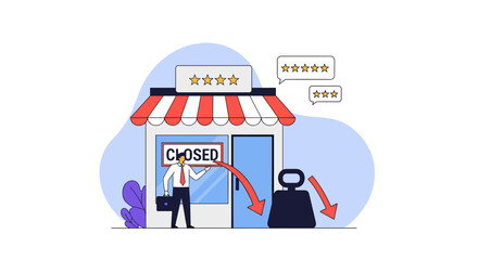 Fototapeta premium Small business owner closing his shop permanently due to financial failure and negative customer reviews leading to bankruptcy.