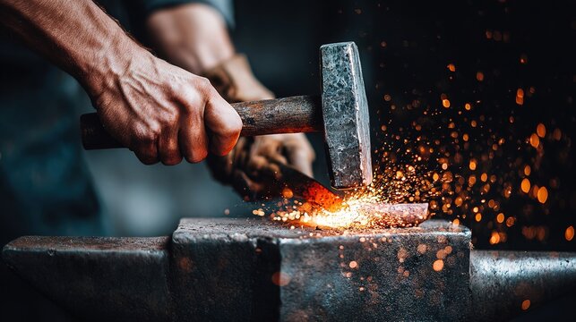 Close-up of blacksmith hammering iron on anvil with sparks flying - Powered by Adobe