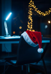 Late night Christmas office with Santa hat on empty chair, overtime corporate workplace background