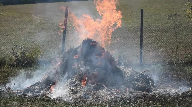 Dry yard debris pile burning and smoldering during autumn cleanup in a rural field