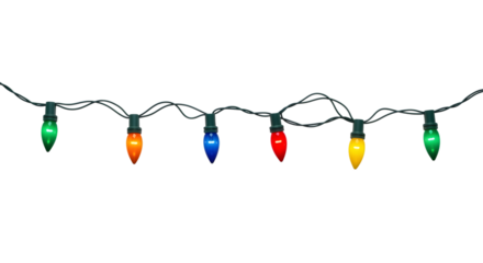 Colorful string of traditional christmas lights isolated on transparent background