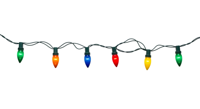 Colorful string of traditional christmas lights isolated on transparent background