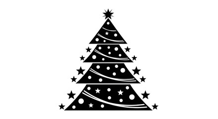 Stylized black and white christmas tree with stars and dots, isolated on transparent background