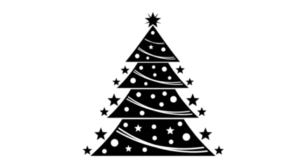 Stylized black and white christmas tree with stars and dots, isolated on transparent background
