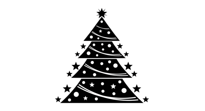 Stylized black and white christmas tree with stars and dots, isolated on transparent background