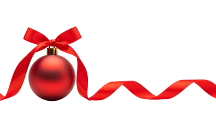 Red christmas ornament with a festive ribbon bow, isolated on transparent background