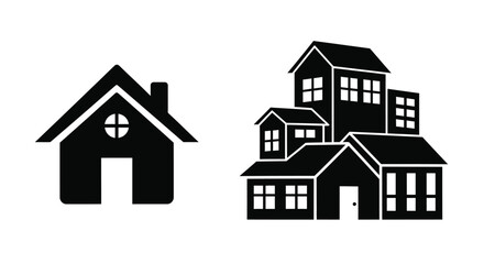Fototapeta premium Simple black and white illustration depicting a house and a cluster of buildings