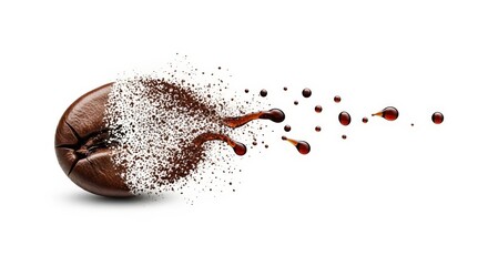 A single coffee bean disintegrates into coffee granules and liquid on a white background scene