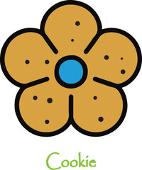 Simple cartoon flower shaped cookie with blue center and black dots on white background with green text