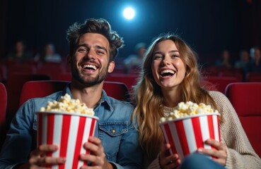 Smiling couple enjoys movie night at cinema holding large popcorn buckets. People laugh together watching film, sharing happy moment. Romantic date at indoor theatre.