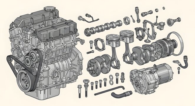 Illustration of a car engine with its components displayed in an exploded view diagram style