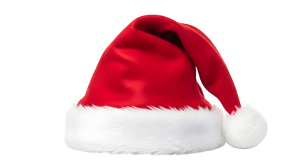 Red santa hat with white fluffy trim and pompom, isolated on transparent background