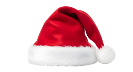 Red santa hat with white fluffy trim and pompom, isolated on transparent background