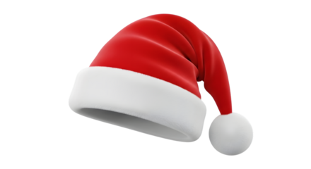 Red santa hat with white fluffy brim and pompom, isolated on transparent background