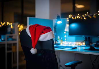 Puesto de trabajo tecnológico con pantalla azul y gorro de Papá Noel en silla de oficina, soporte técnico y atención al cliente en Navidad