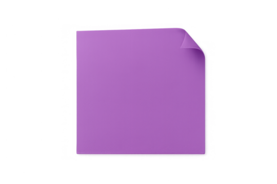 Purple sticky note with a curled corner, blank paper message reminder for tasks and office organization on transparent background