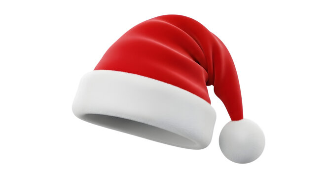 Red santa hat with white fluffy brim and pompom, isolated on transparent background - Powered by Adobe