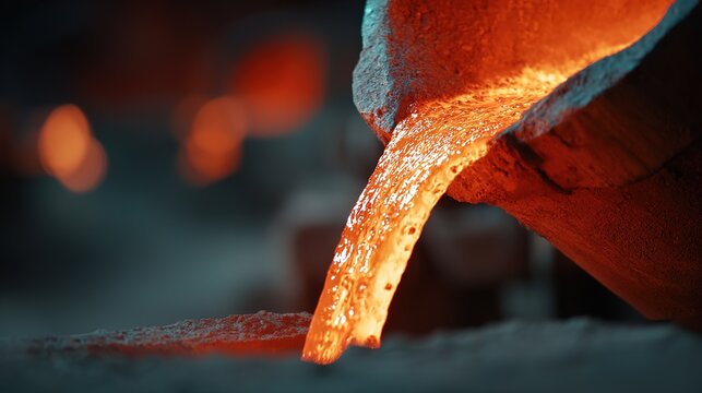 Molten metal pouring in foundry workshop: hot liquid metal flow close-up